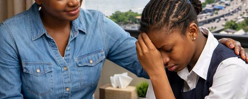 A counsellor comforting a young survivor in a support session