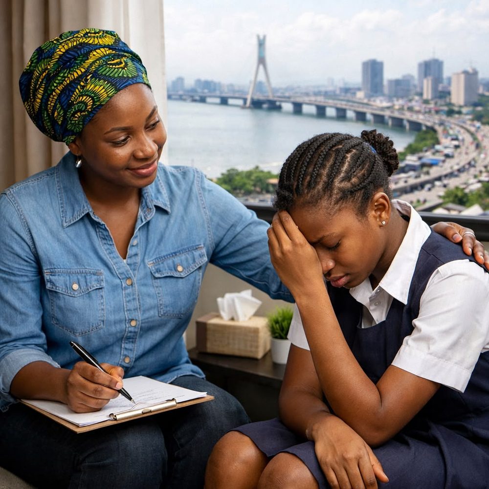 A counsellor comforting a young survivor in a support session in Nigeria
