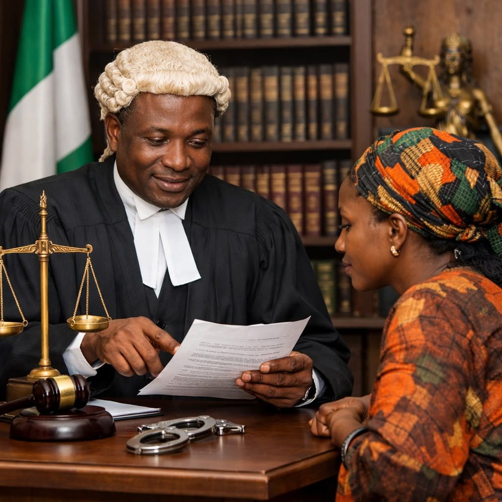 A lawyer reviewing legal documents with a survivor during a consultation
