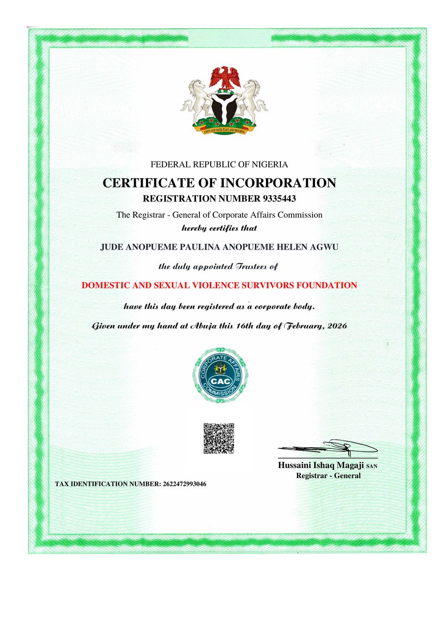 Certificate of Incorporation from the Corporate Affairs Commission, Federal Republic of Nigeria, registering the Domestic and Sexual Violence Survivors Foundation, registration number 9335443, dated 16 February 2026